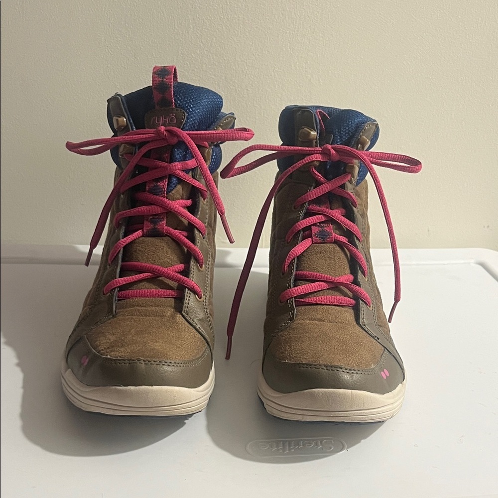 Brown and Blue High-Top Aurora Sneakers with Pink Laces by RYKA